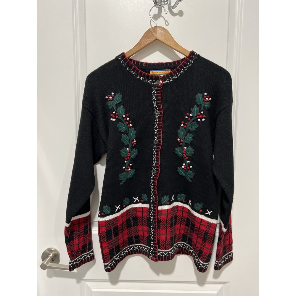 Vintage Bryn Connelly Cardigan Sweater Size Small Holly Plaid Button Up Holiday